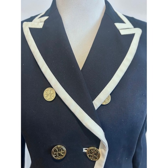 Tory Burch Navy Blue Double Breasted Blazer Gold Logo Buttons White Trim Size 6 - Picture 9 of 12